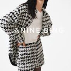 NWT Anine Bing Quinn brushed houndstooth tweed blazer sz M black white